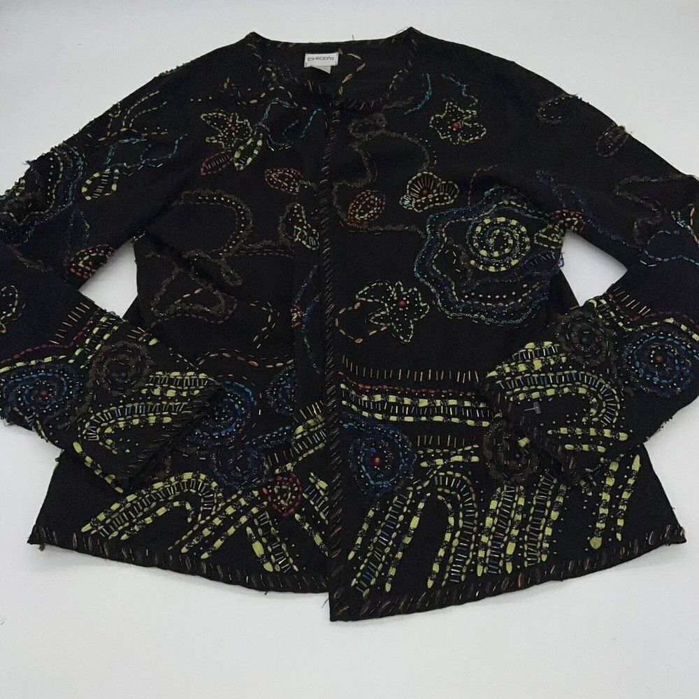 Chicos Cardigan Top 2 Women Large Black Silk Embroidered Long Sleeve Artsy